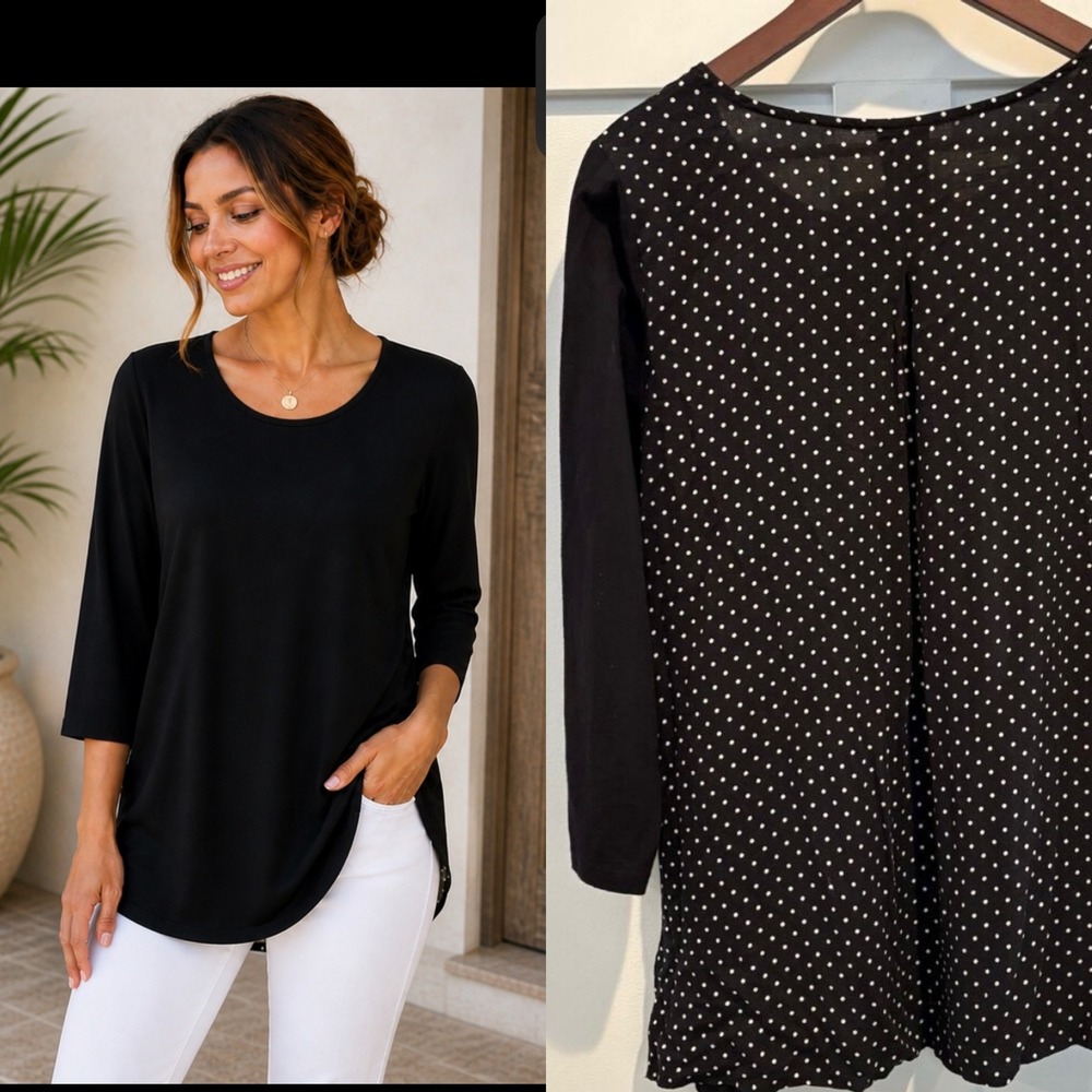 Talbots‎ Tunic Large Black Polka Dot Classic Preppy Long Modal Mixed Media Top
